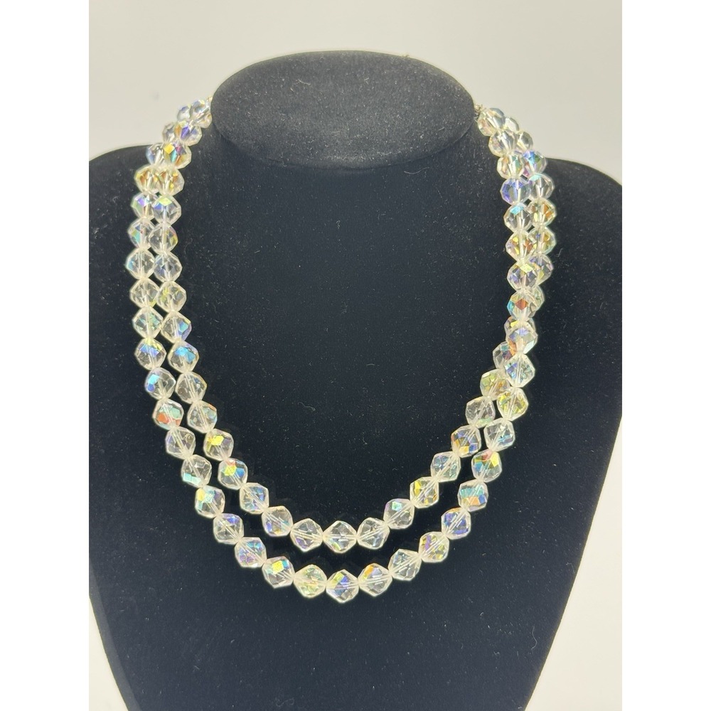 Vintage Clear Aurora Borealis AB Crystal Faceted Double Strand Necklace 13-16"